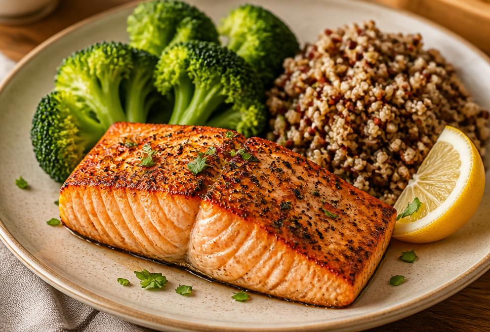 Gebakken zalm met quinoa en broccoli